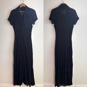 Casadei laser cut lace, button front black maxi shirt dress Medium